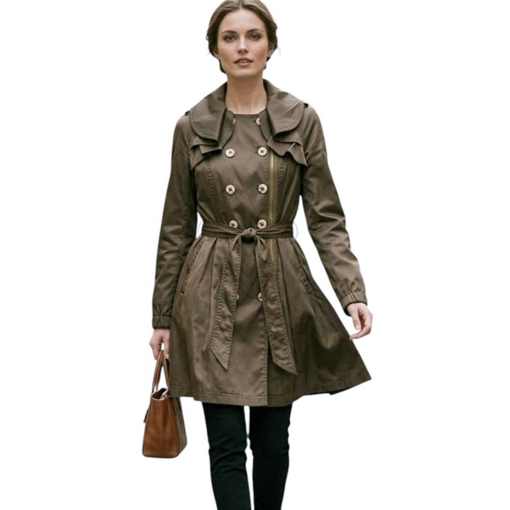Elevenses Anthropologie Olive Engla Sanity Ruffle Trench Coat Size 4